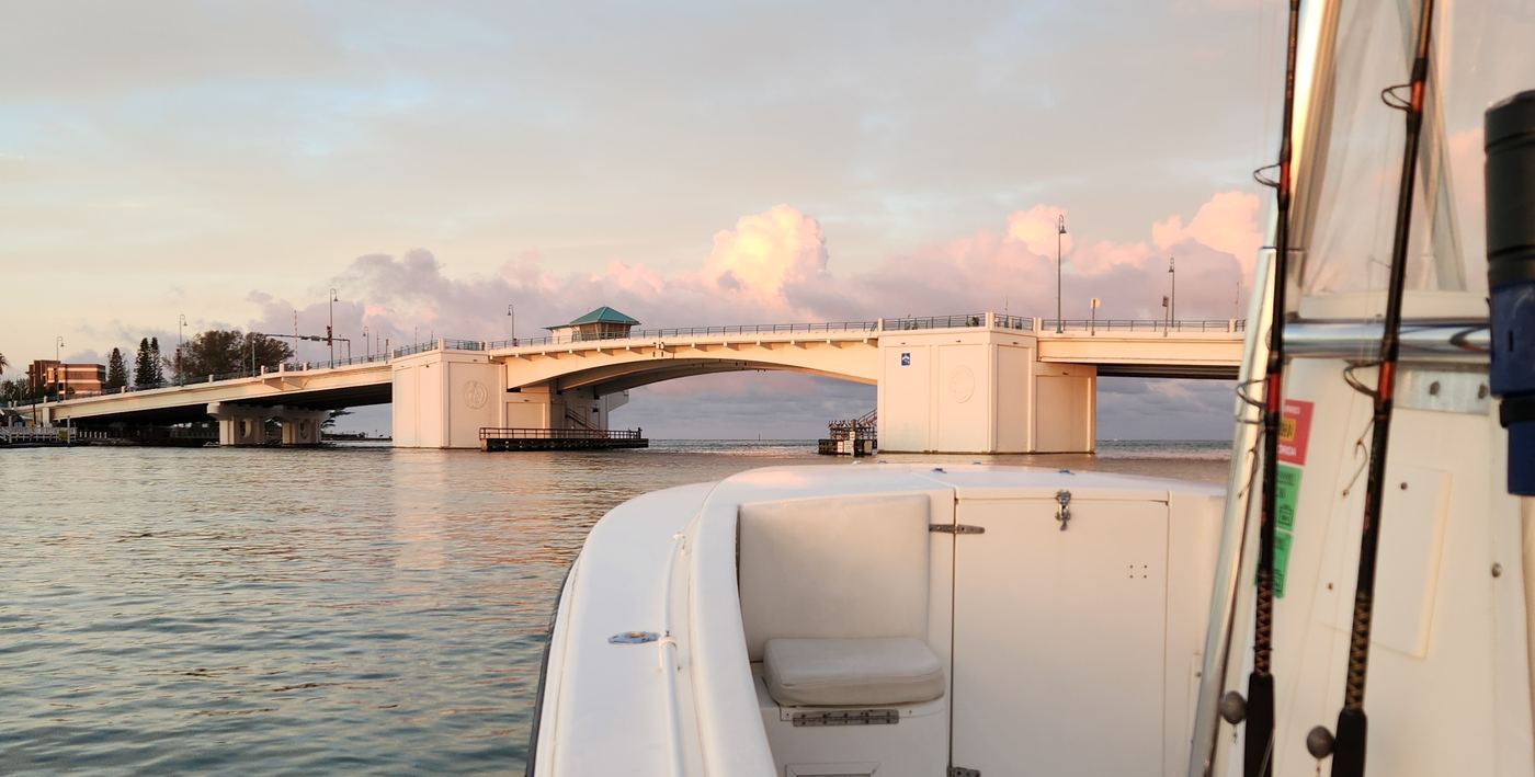 The bridge at dawn from the rail of Valerie's boat, outbound